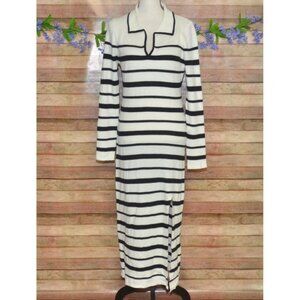 Knit Striped Polo Dress Casual Long Sleeve V Neck Slit Midi Bodycon Size XL